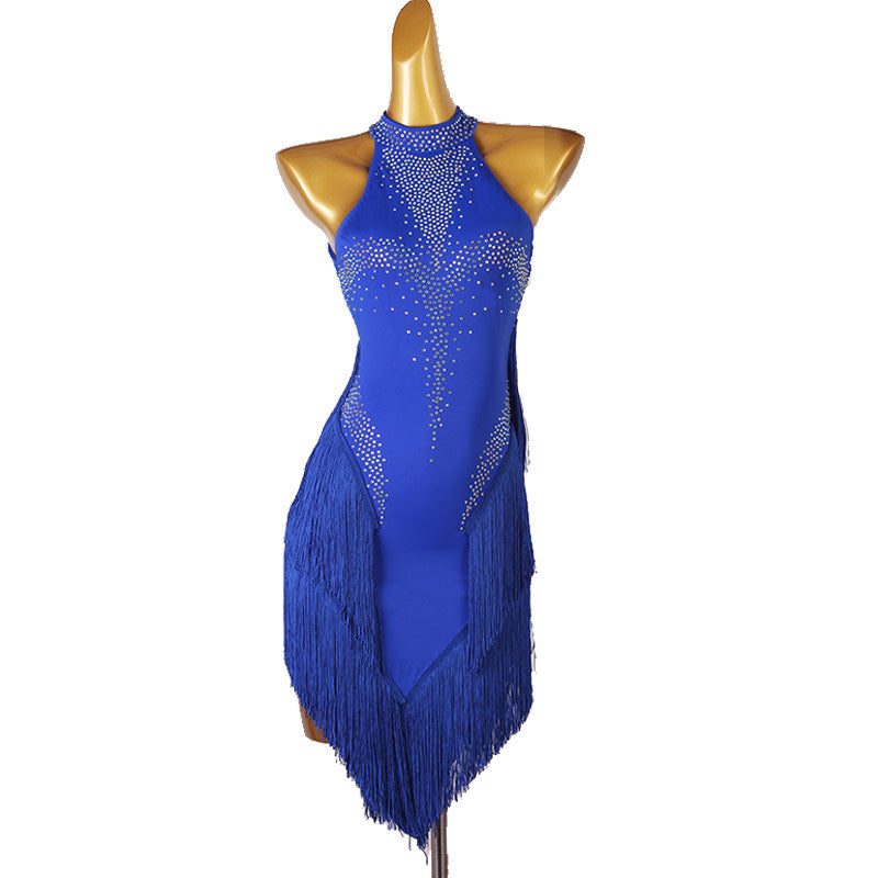 Blue latin dance dress with heavy stone scatter and side fringe skirt