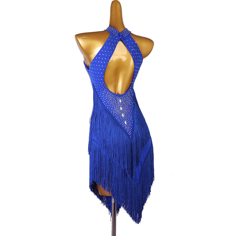 Blue stone fringe latin dance dress rear view showing the teardrop back
