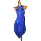 Blue stone fringe latin dance dress angled view with the curved seam