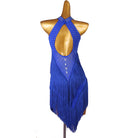 Blue stone fringe latin dance dress showing the back opening from behind