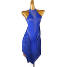 Blue stone fringe latin dance dress front view with the fringe falling