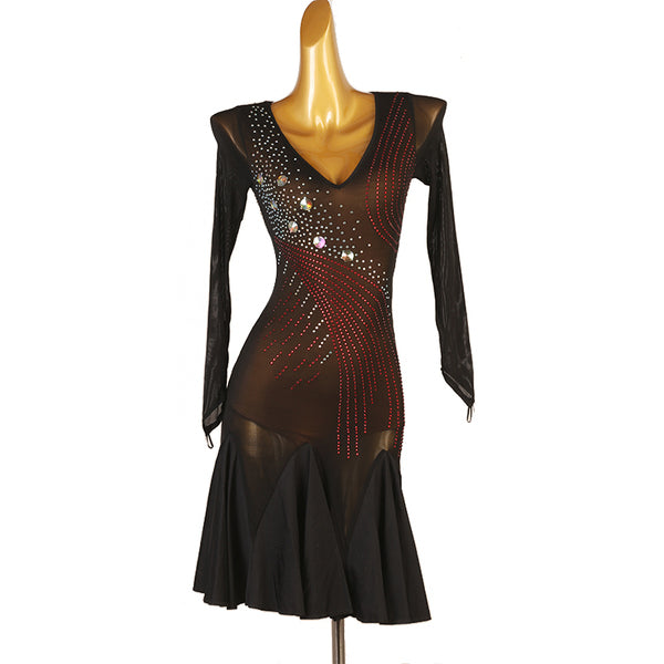 Sheer black latin dance dress with a stone swirl motif and cold shoulder cutouts