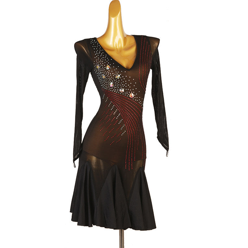 Sheer black stone swirl latin dance dress front view showing the mesh body