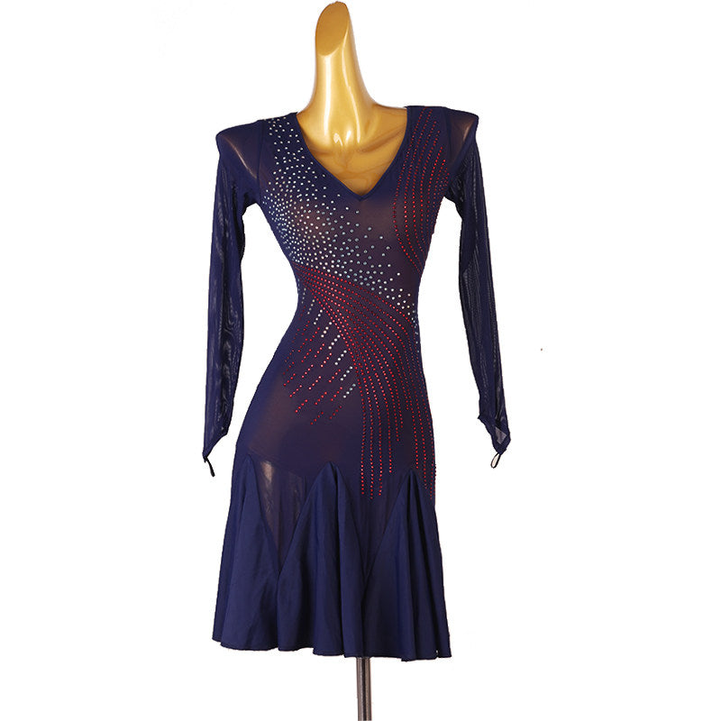 Purple sheer latin dance dress with stone swirl motif and fluted skirt