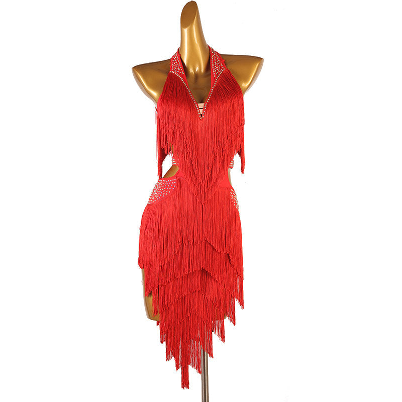 Red latin dance dress with stone set collar and ragged tassel fringe