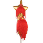 Red stone collar fringe latin dance dress rear view showing the cutaway waist