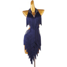 Blue latin dance dress with stone collar and ragged fringe skirt