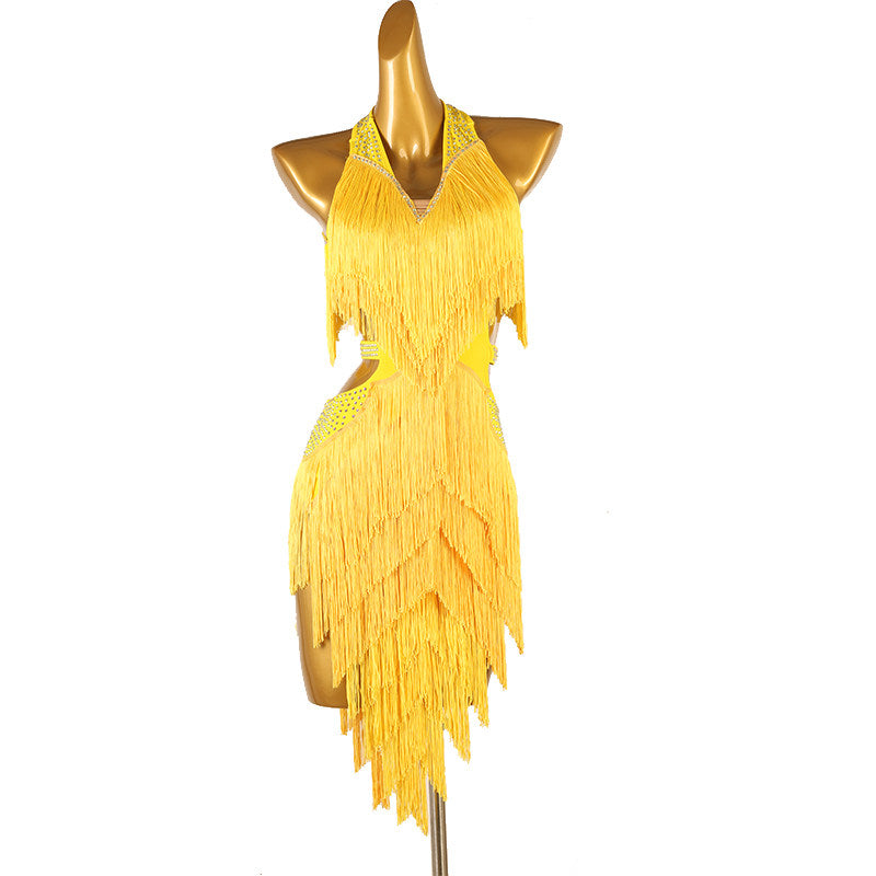 Yellow latin dance dress with stone set collar and tassel fringe