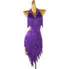 Purple latin dance dress with stone collar and ragged cut fringe