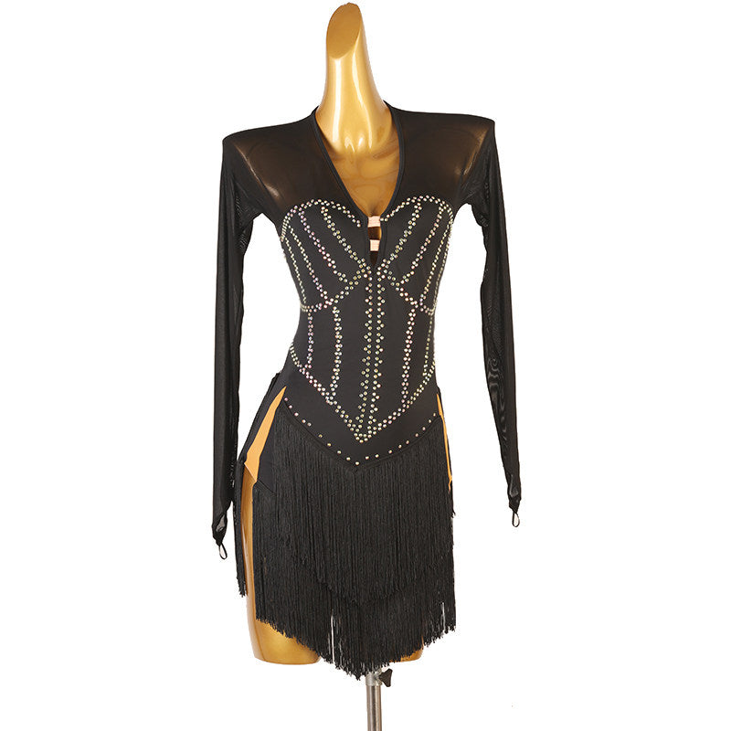 Black latin dance dress with stone set vertical seams and split fringe skirt