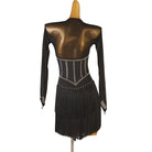 Black stone seam latin dance dress rear view showing the mesh back