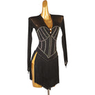 Black stone seam latin dance dress angled view with the hip splits