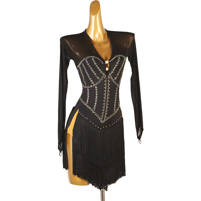 Black stone seam latin dance dress angled view with the hip splits