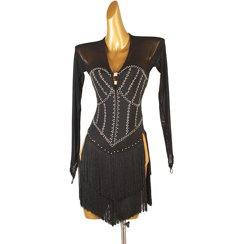 Black stone seam latin dance dress front view showing the fringe fill