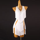 White latin dance dress with stone trimmed chevron fringe and double splits