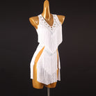 White chevron fringe latin dance dress angled view showing the leg splits