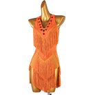 Orange latin dance dress with stone trimmed chevron fringe seams