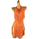 Orange chevron fringe latin dance dress front view with the fringe falling