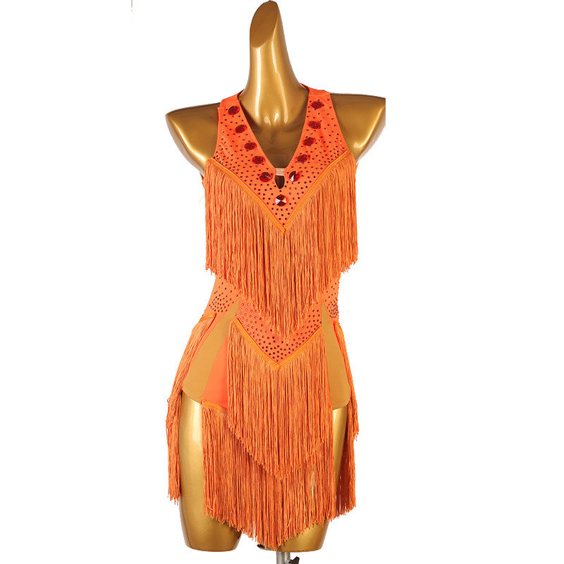 Orange chevron fringe latin dance dress front view with the fringe falling