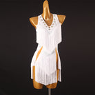 White chevron fringe latin dance dress side view with the stone trim