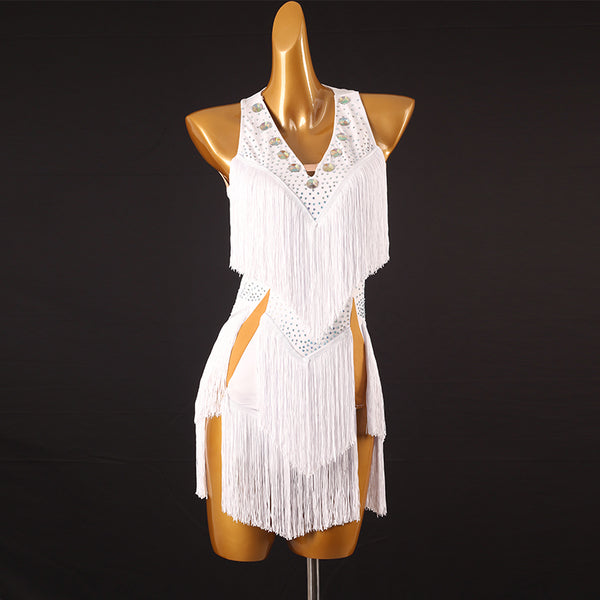 White chevron fringe latin dance dress side view with the stone trim