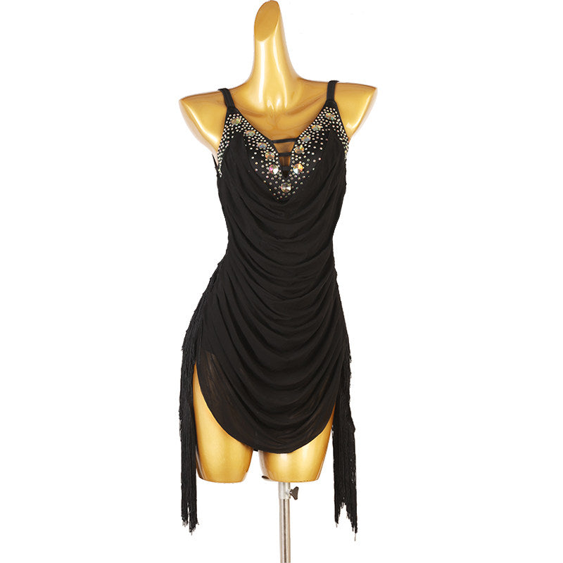 Black latin dance dress with stone clustered draped neckline and ruched body