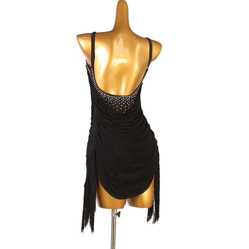 Black ruched drape latin dance dress angled view with the ragged fringe