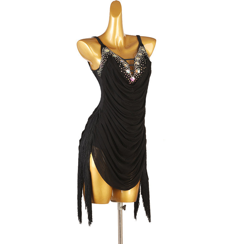 Black ruched drape latin dance dress side view showing the wrap gathering