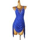 Blue ruched drape latin dance dress front view with the fringe strips