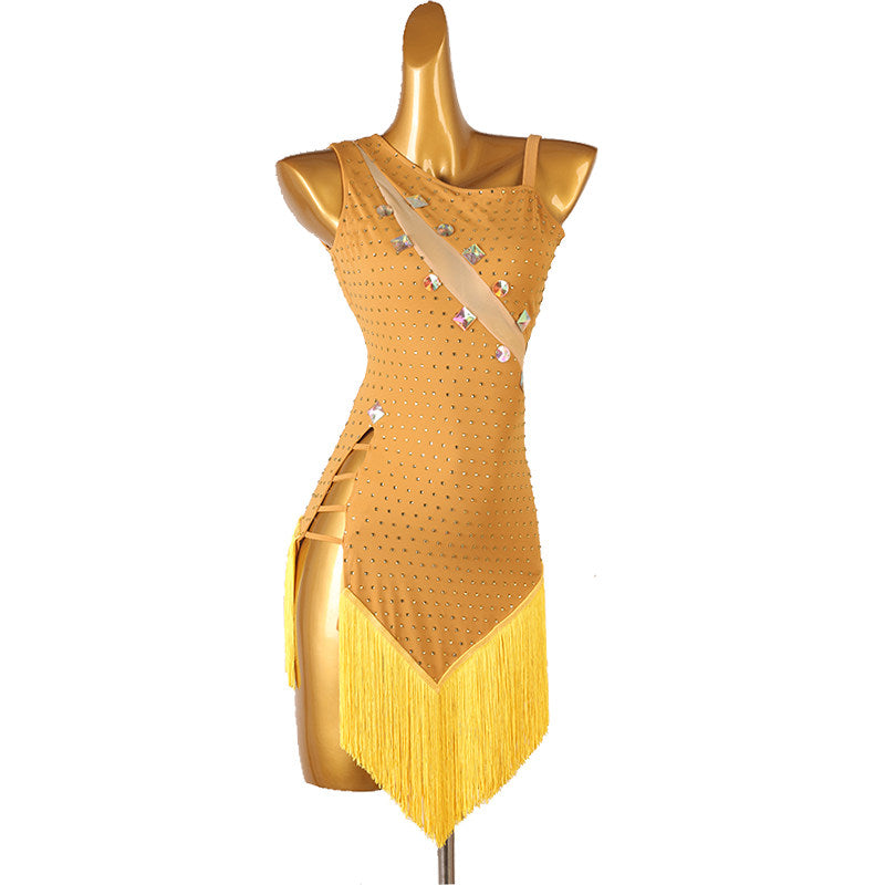 Yellow latin dance dress with jewel set nude sash and tassel fringe hem