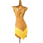 Yellow nude sash latin dance dress rear view showing the laced side