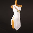 White latin dance dress with jewel set nude sash and white fringe hem