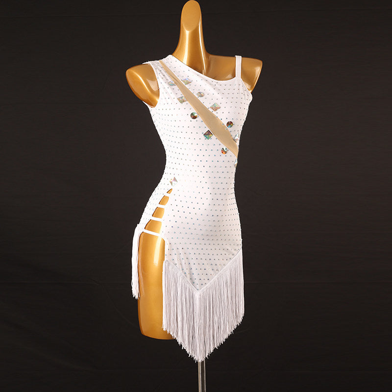 White latin dance dress with jewel set nude sash and white fringe hem
