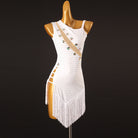 White nude sash latin dance dress angled view with the fringe falling