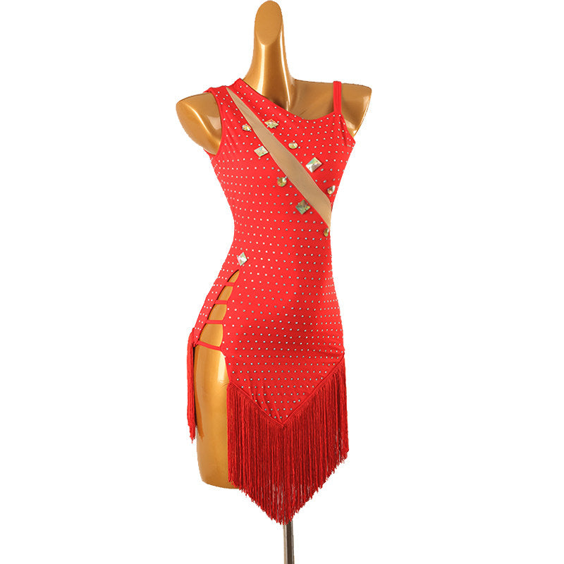 Red latin dance dress with jewel set nude sash and red fringe hem