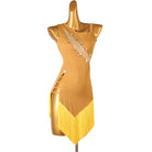 Yellow nude sash latin dance dress front view showing the stone scatter