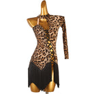 Leopard print latin dance dress with diagonal cord lacing and petal fringe hem