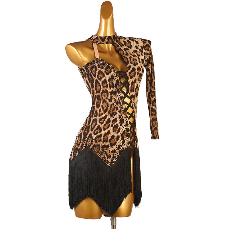 Leopard corset latin dance dress rear view with the open back