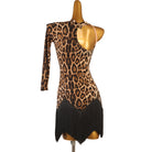 Leopard corset latin dance dress showing the bare back and fringe