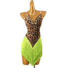 Leopard jewel latin dance dress front view showing the green fringe