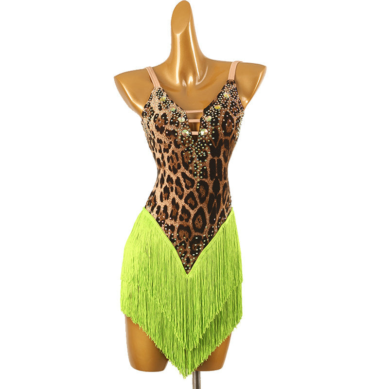 Leopard jewel latin dance dress front view showing the green fringe