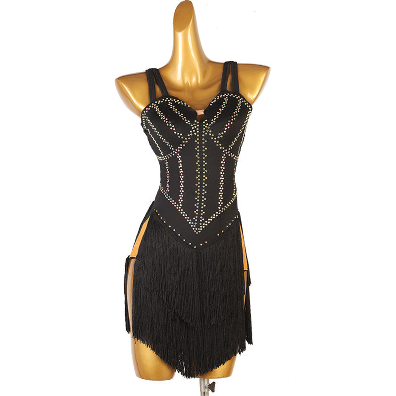 Black latin dance dress with double straps and stone set corset lines