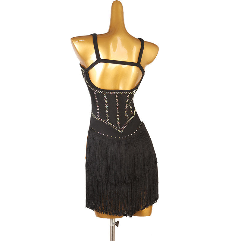 Black double strap latin dance dress rear view showing the strap back