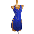 Blue latin dance dress with stone corset lines and split fringe skirt