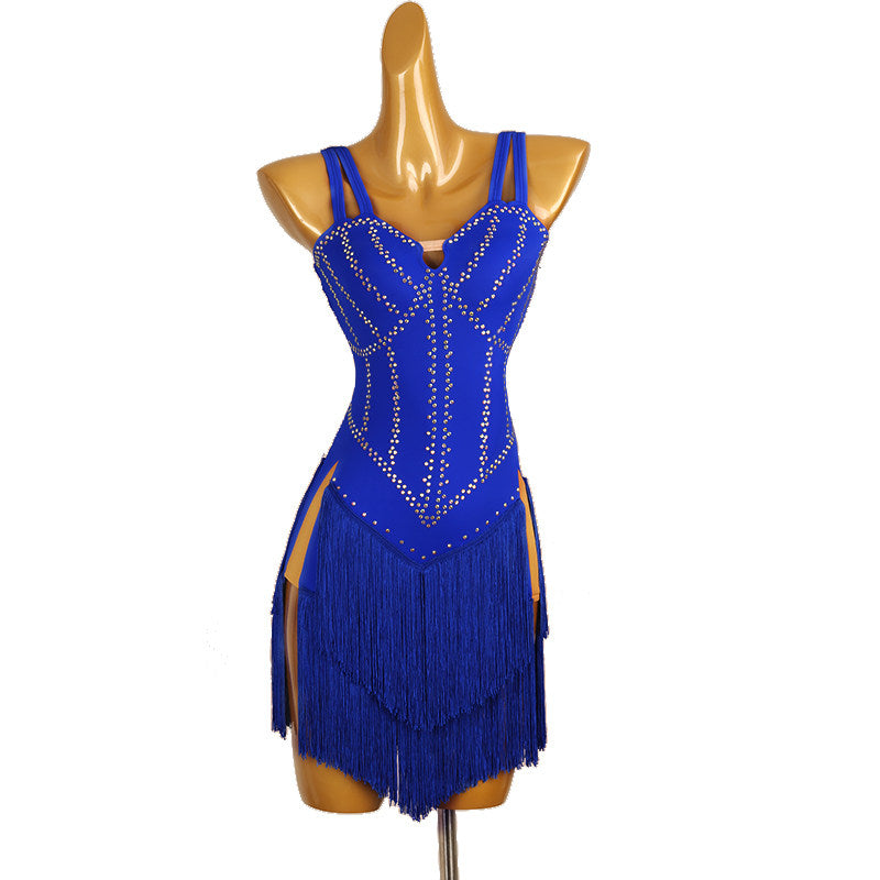 Blue double strap latin dance dress angled view with the hip splits