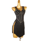 Black double strap latin dance dress front view showing the fringe fill