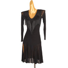 Black hand strung bead latin dance dress side view showing the front split