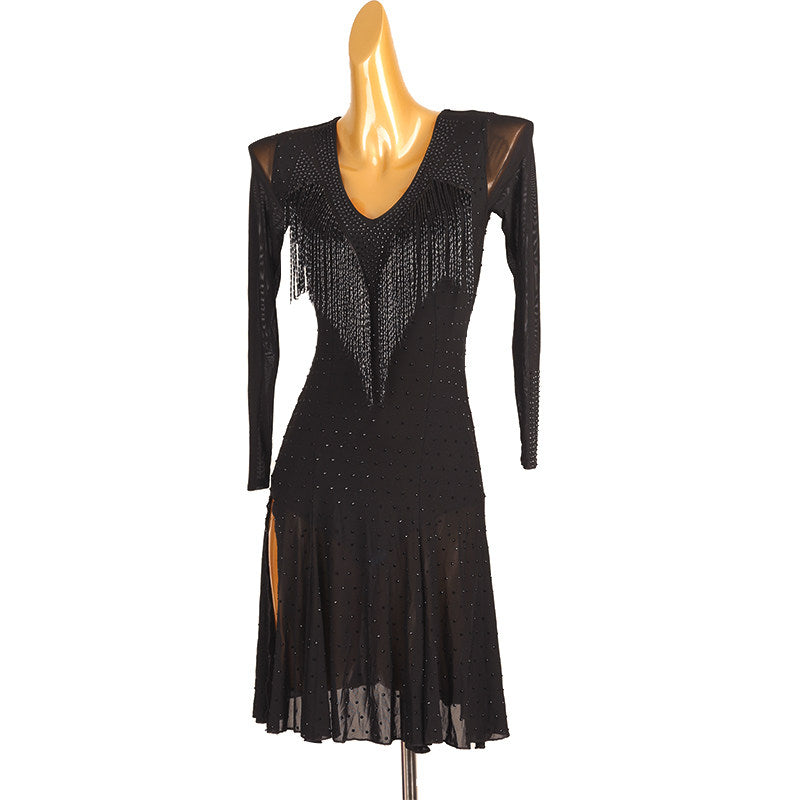 Black hand strung bead latin dance dress side view showing the front split