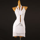 White latin dance dress with halter tie and stone covered bodice panels
