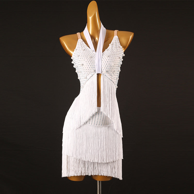 White latin dance dress with halter tie and stone covered bodice panels
